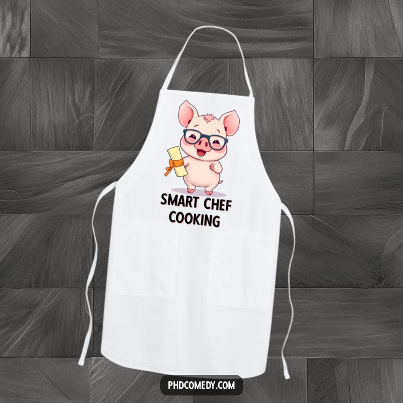 Funny giggling kawaii piglet wearing spectacles and holding a diploma with a proud bounce, on a kitchen apron.