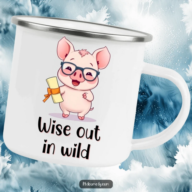Funny giggling kawaii piglet wearing spectacles and holding a diploma with a proud bounce, on a camping mug.
