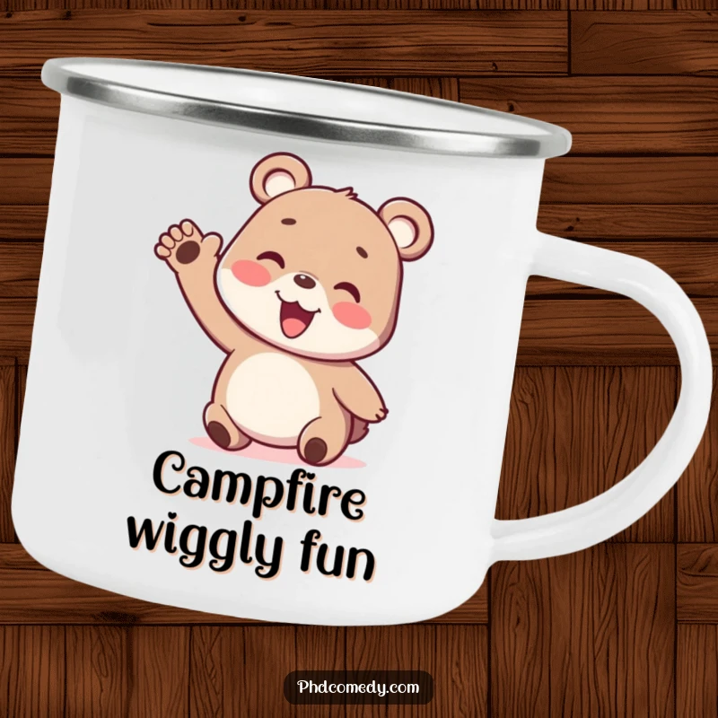 Funny playful kawaii bear cub with a silly wiggly arm, on a sturdy camping mug.