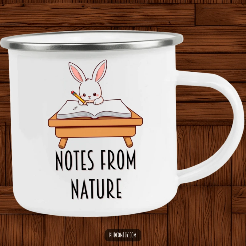 Funny determined kawaii rabbit diligently scribbling on a notepad with a tiny pencil, on a camping mug.