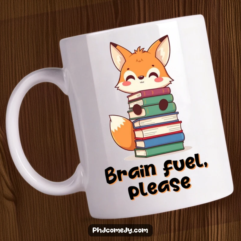 Funny curious kawaii fox balancing a tall stack of books on its head with a wide grin on a mug.