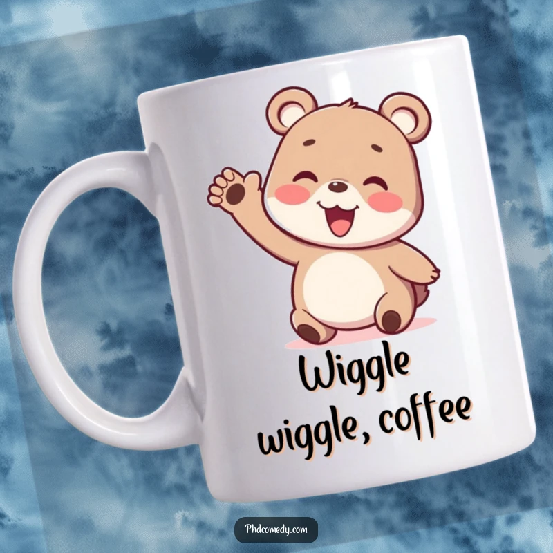 Funny playful kawaii bear cub enthusiastically gesturing with a silly, wiggly arm on a mug.