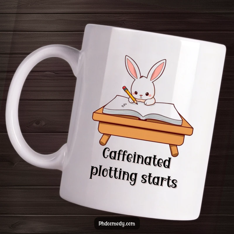Funny determined kawaii rabbit diligently scribbling notes on a giant notepad with a tiny pencil on a mug.