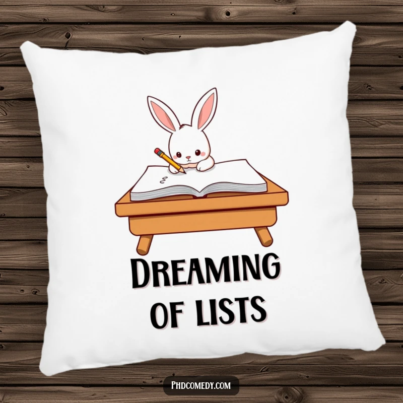Funny determined kawaii rabbit diligently scribbling on a notepad, designed as a soft pillow.