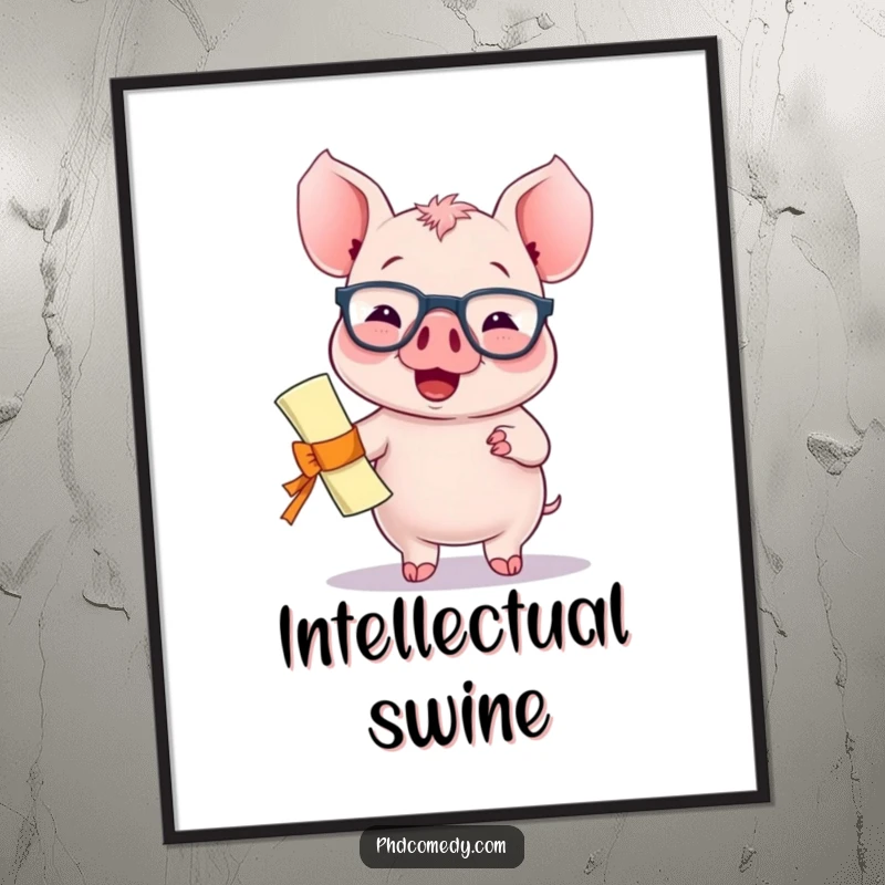 Funny giggling kawaii piglet wearing spectacles and holding a diploma with a proud bounce, as a digital art print.