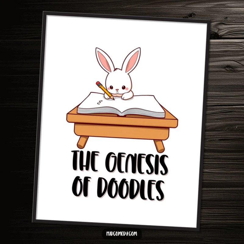 Funny determined kawaii rabbit diligently scribbling on a giant notepad with a tiny pencil, as a digital art print.