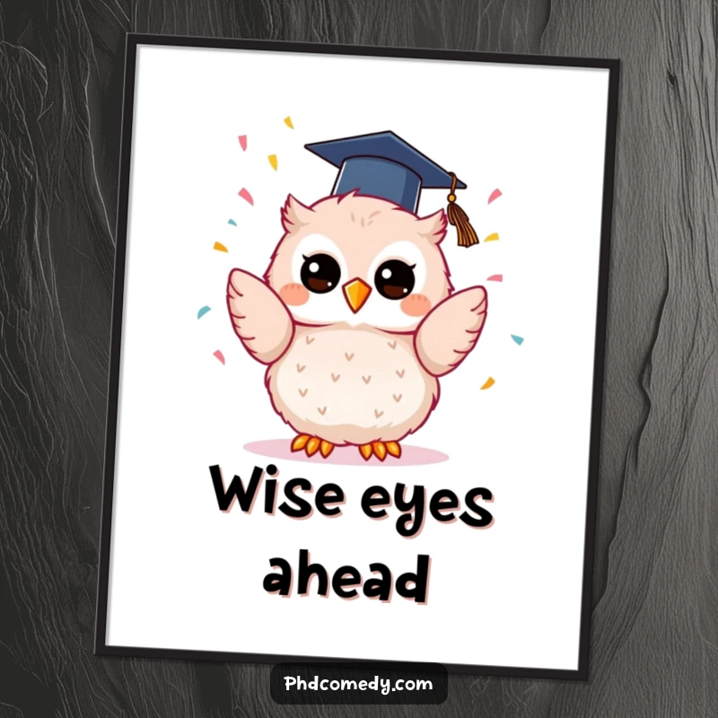 Funny kawaii owl with a graduation cap, joyfully tossing confetti upwards, as a downloadable digital art print.