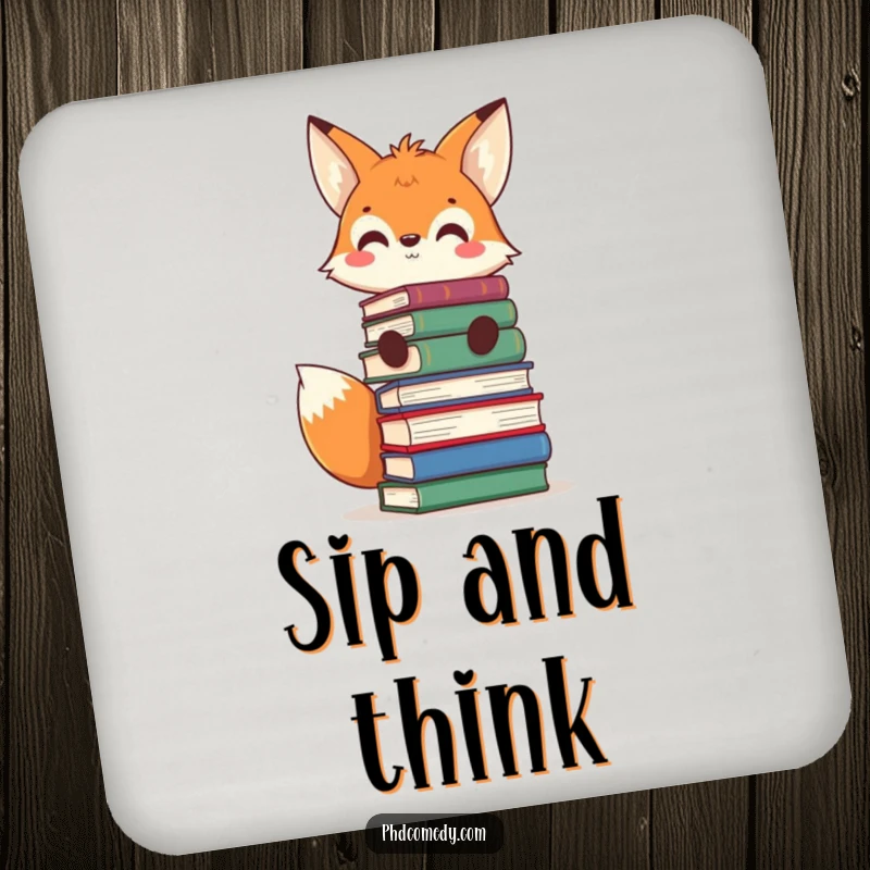 Funny curious kawaii fox balancing books on its head, grinning, on a humorous drink coaster.