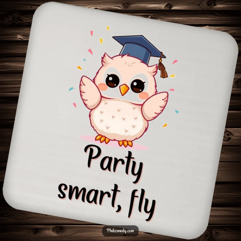 Funny kawaii owl wearing a graduation cap, joyfully tossing confetti upwards, on a humorous drink coaster.