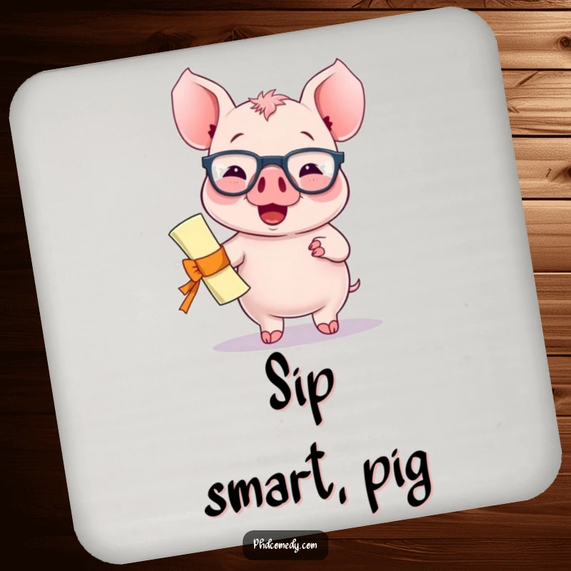 Funny giggling kawaii piglet wearing spectacles and holding a diploma with a proud bounce, on a drink coaster.