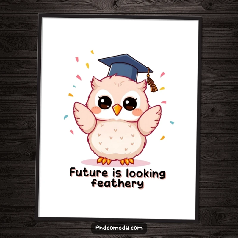 Funny kawaii owl wearing a graduation cap, joyfully tossing confetti upwards, rendered as humorous wall art.