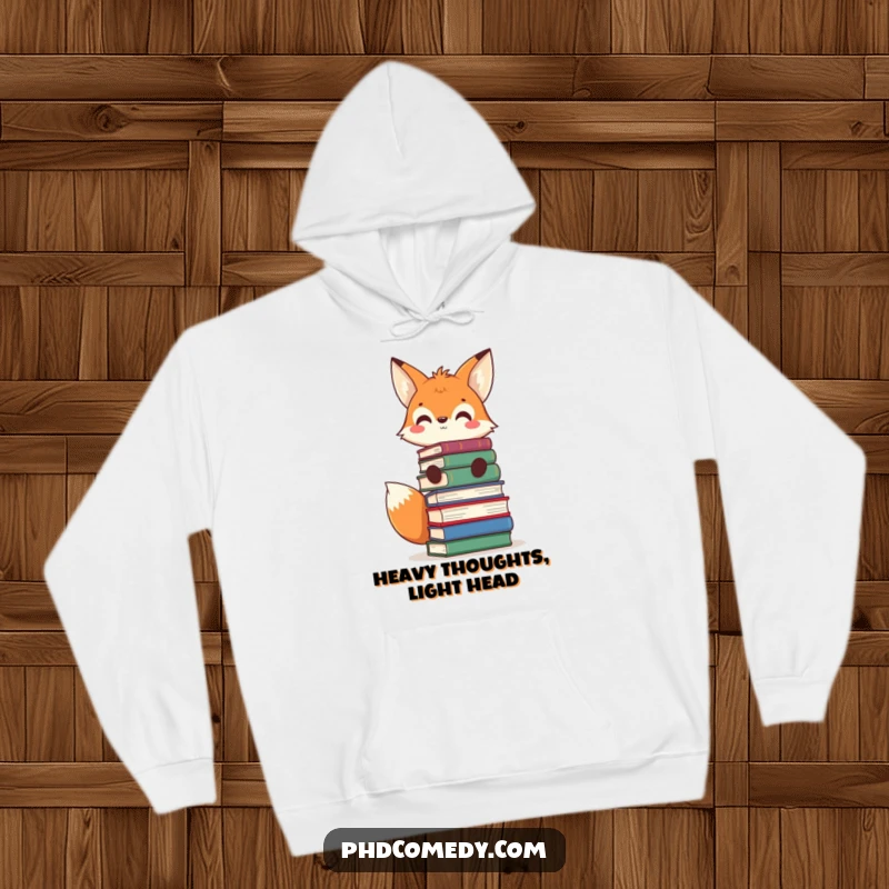 Funny curious kawaii fox balancing a large stack of books on its head, looking smart on a hoodie.