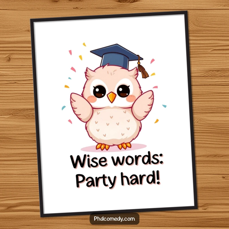 Funny Free Printable Wall Art: Adorable kawaii owl in graduation cap, tossing confetti with pure joy, a perfect happy art.