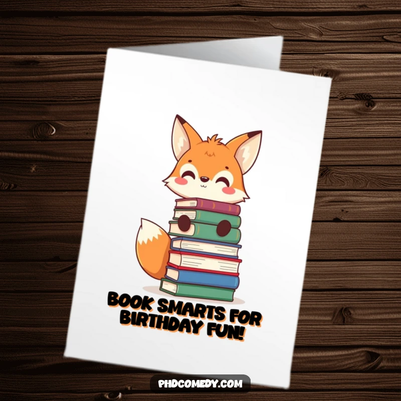 Funny Free Printable Birthday Card: Curious kawaii fox balancing books on its head, grinning with witty smarts for a birthday.