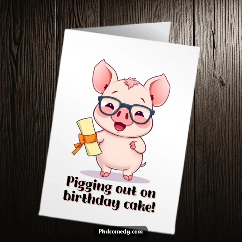 Funny Free Printable Birthday Card: Giggling kawaii piglet in spectacles holding a diploma, bouncing with proud birthday joy.