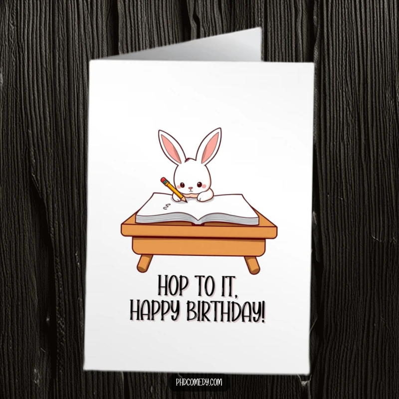 Funny Free Printable Birthday Card: Determined kawaii rabbit diligently scribbling on a giant notepad with a tiny pencil for a birthday.