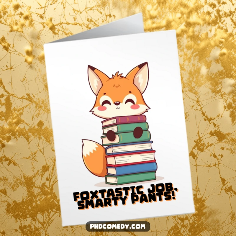 Funny Free Printable Congrats Card: Curious kawaii fox grinning while balancing a huge stack of books on its head.