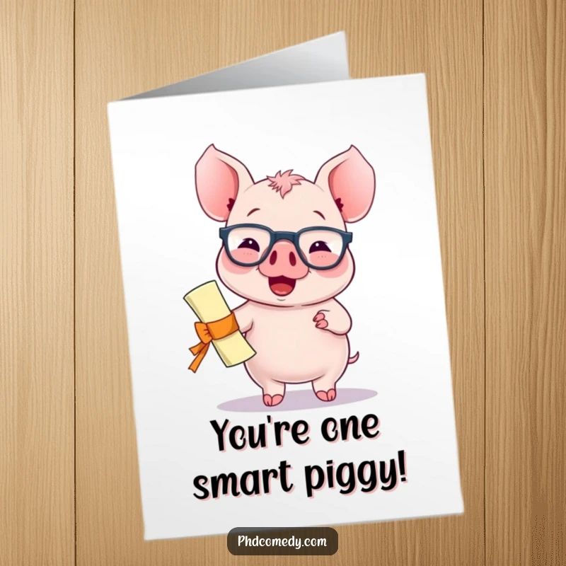 Funny Free Printable Congrats Card: Giggling kawaii piglet wearing spectacles, proudly holding a diploma with a happy bounce.