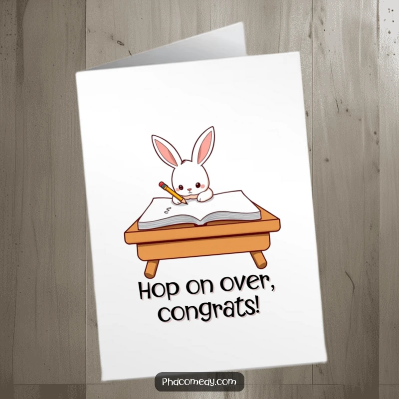 Funny Free Printable Congrats Card: Determined kawaii rabbit focused on scribbling notes on a giant notepad with a tiny pencil.