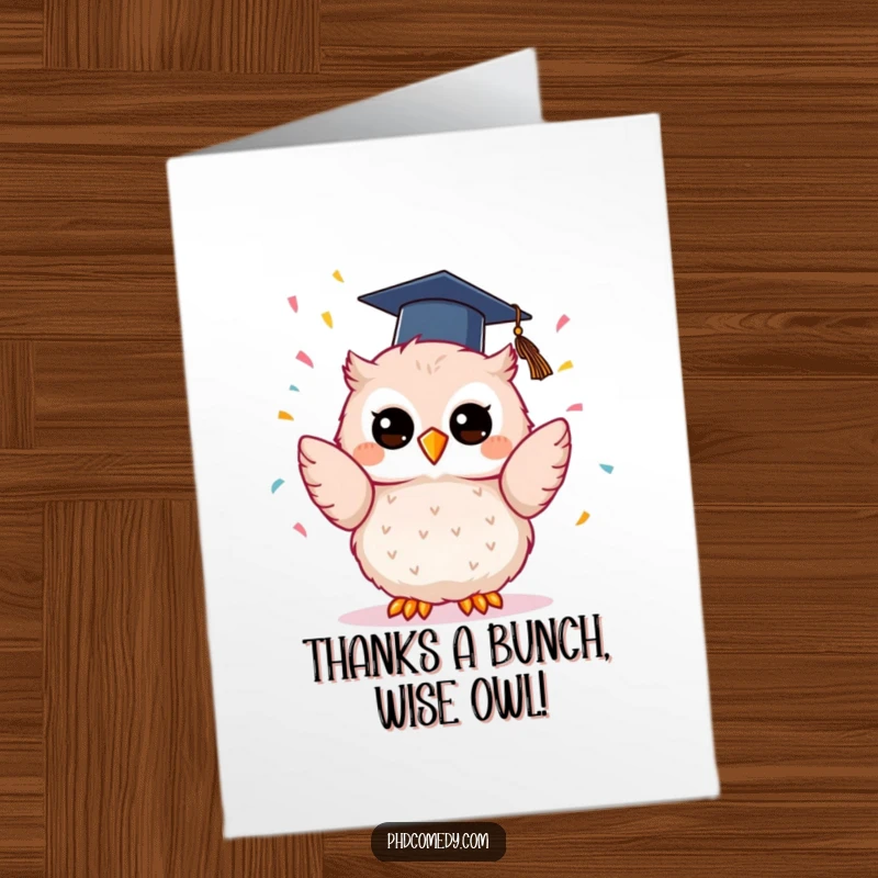 Funny Free Printable Thank You Card: Cute kawaii owl in graduation cap, expressing thanks with a confetti toss and happy look.