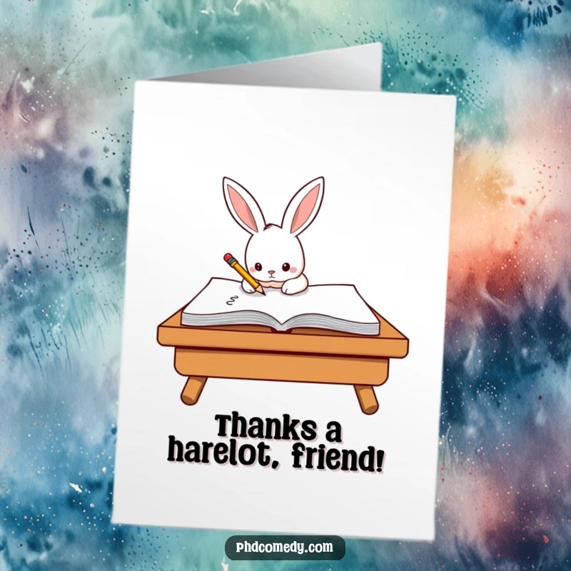 Funny Free Printable Thank You Card: Cute kawaii rabbit diligently scribbling on a notepad, showing focused and funny thanks.