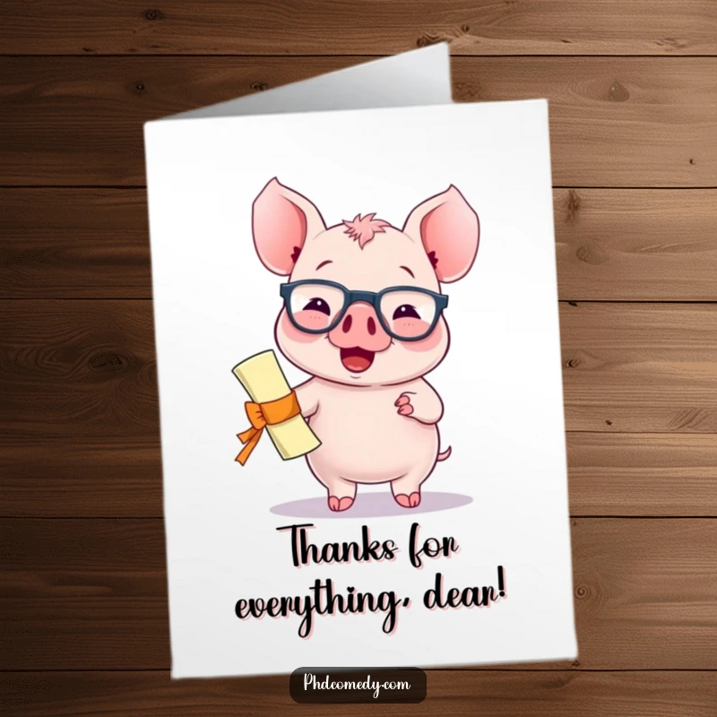 Funny Free Printable Thank You Card: Cute kawaii piglet with spectacles and diploma, looking proud and giggling thankfully.