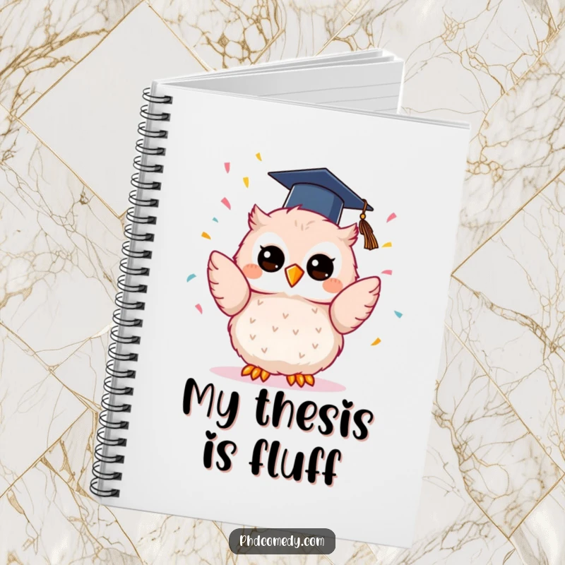 Funny kawaii owl with graduation cap, joyfully tossing confetti upwards, on a humorous notebook cover.