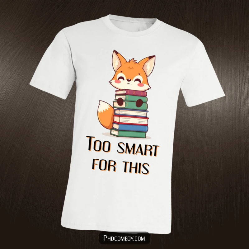 Funny curious kawaii fox with books stacked high on its head, grinning playfully on a humorous t-shirt.