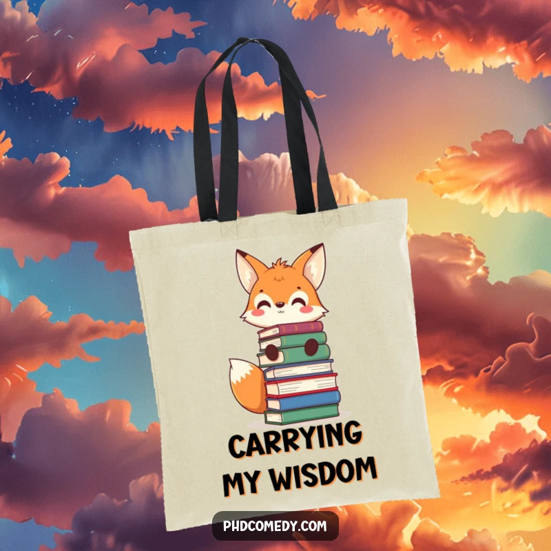 Funny curious kawaii fox balancing a stack of books on its head, grinning, featured on a tote bag.
