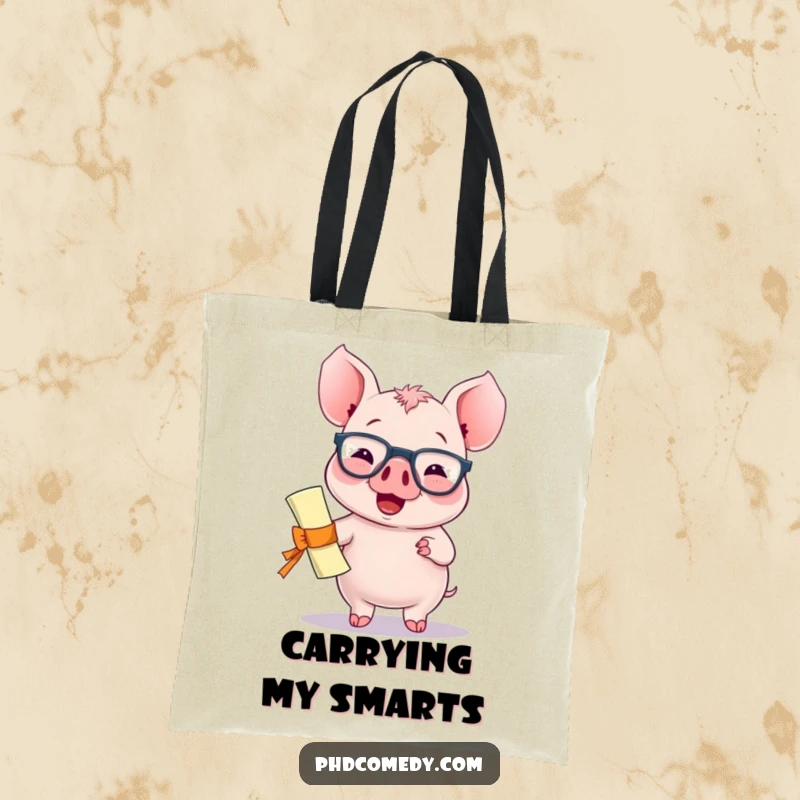 Funny giggling kawaii piglet wearing spectacles and holding a diploma with a proud bounce, on a tote bag.
