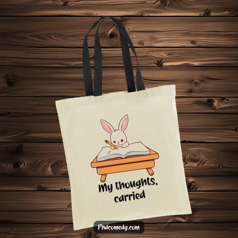 Funny determined kawaii rabbit diligently scribbling on a giant notepad with a tiny pencil, on a tote bag.